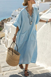 Striped Print V-Neck Casual Loose Pocket Maxi Dress