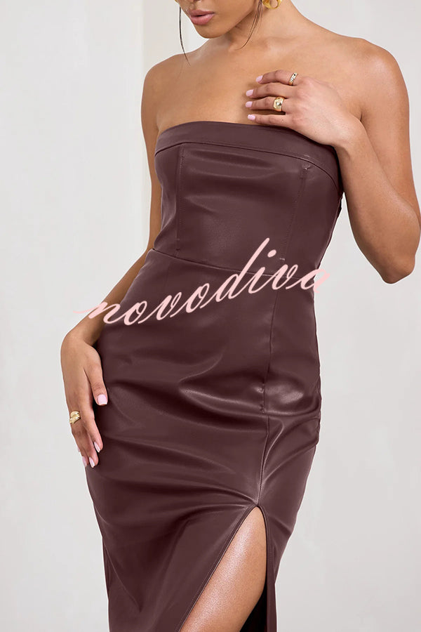 Sexy Meaning Faux Leather Strapless Bandeau Split Maxi Dress