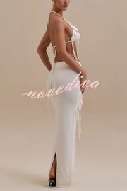 Sexy Crochet Floral Halter Top and Stretch Knit Beach Cover Up Skirt Set