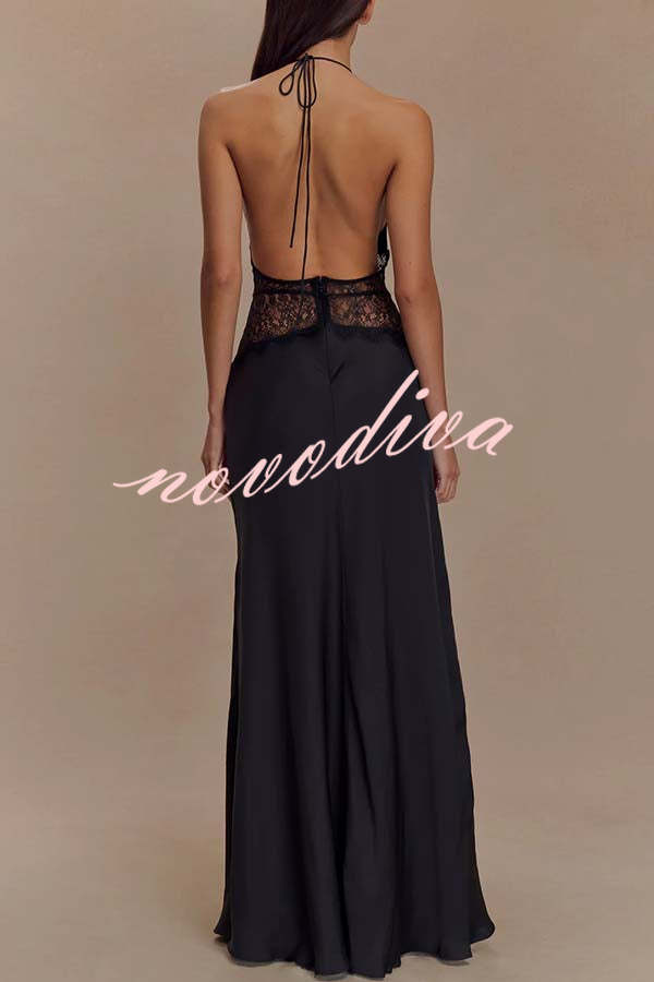 Seductive Details Satin Lace Waist Halter Tie-up Backless Maxi Dress