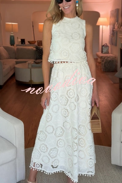 Nice Try Embroidered Crochet Lace Tassle Trim Elastic Waist Midi Skirt