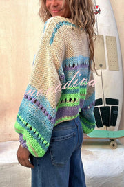 Rainbow Mood Multicolor Round Neck Hollow Long Sleeve Knitted Sweater