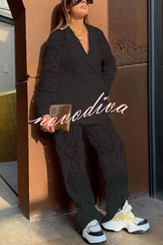 Fashionable Lace Long-sleeved Lapel Loose Top and Casual Hollow Pants Set
