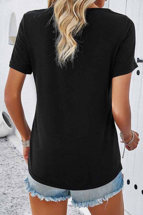 Casual Solid Color Short Sleeved V Neck Hollow T-Shirt