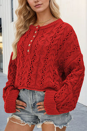 Solid Color Loose Long-sleeved Openwork Cable Knit Sweater