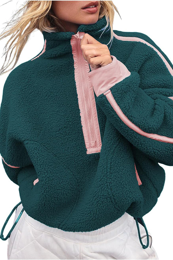 Stylish Color-blocked Trim Loose Casual Pocket Sweatshirt