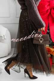 Party Daydream Sequin Tulle High Rise Elastic Waist Maxi Skirt