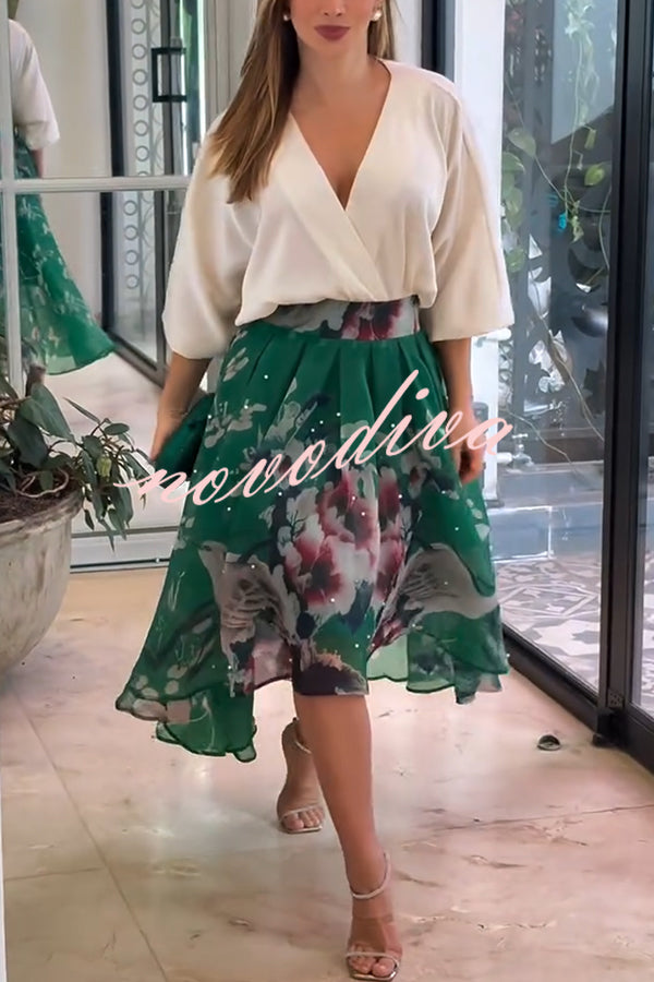 Tessy Batwing Sleeve Top and Floral Elastic Waist Pearls Detail High Low Midi Skirt Set