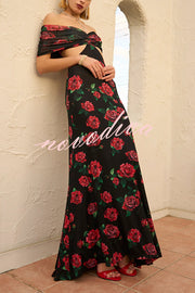 Rose Print Sexy Strapless Backless Slim Maxi Dress