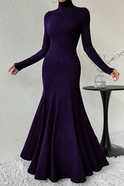 Solid Color High-neck Long-sleeved Slim-fit Fishtail Elegant Maxi Dress