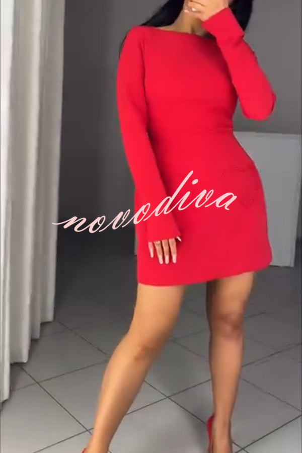 Anna Sparkling Gemstone Trim Heart Pocket Long Sleeve Mini Dress