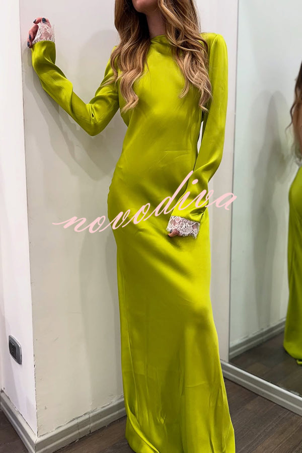 Mystic Moment Satin Lace Trim Long Sleeve Backless Maxi Dress
