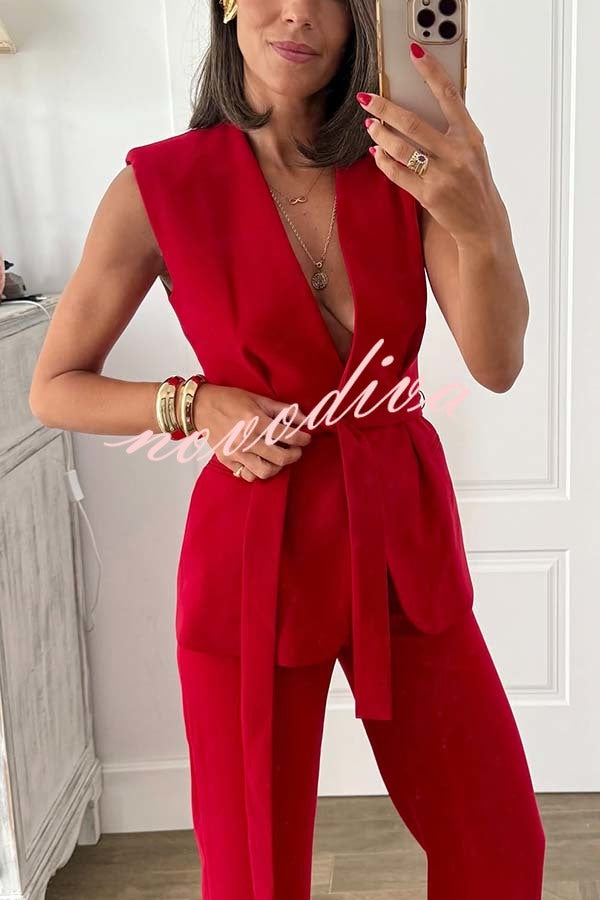 Keep It Classic V-neck Belted Vest and Mid Rise Pocket Wide Leg Pants Set