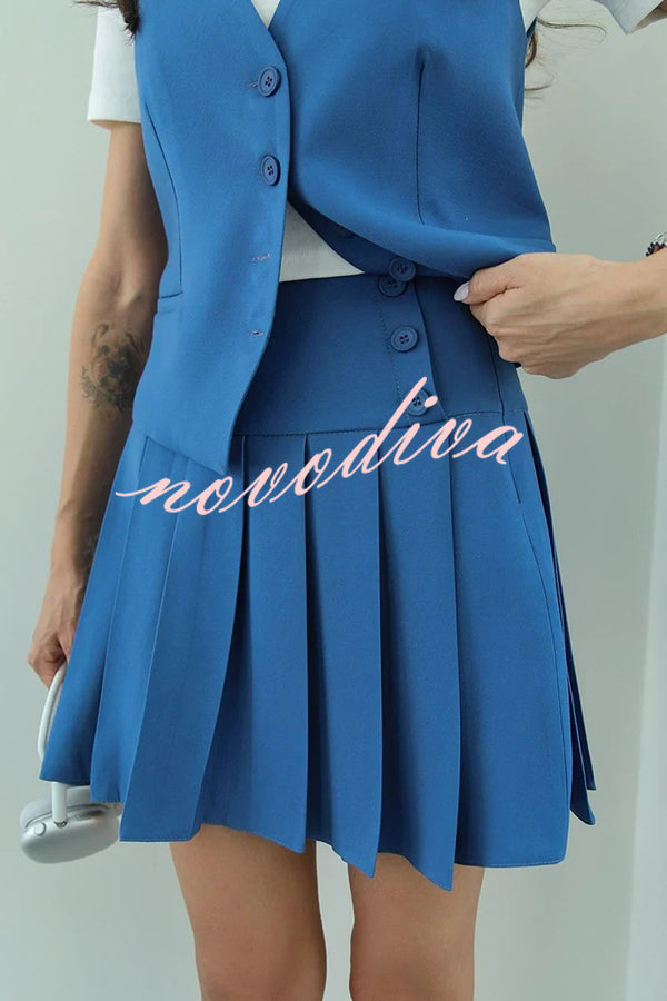 Solid Color Sleeveless Buttoned Vest and High-waisted Pleated Mini Skirt Set