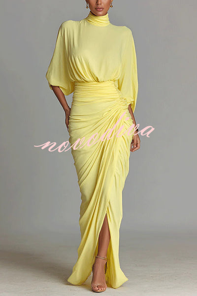 Fashionable High-neck Half-sleeve Waist-cinching Pleated Maxi Dress