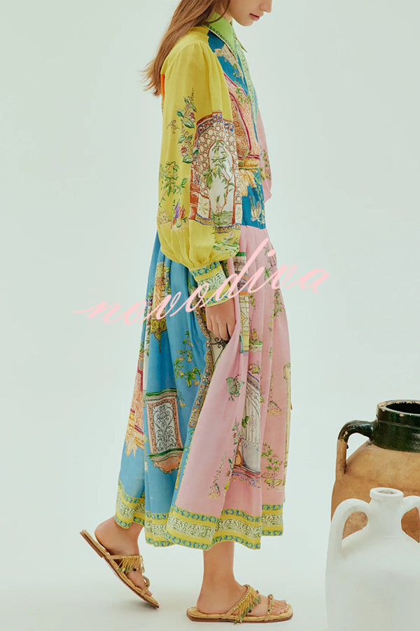 Unique Print Lapel Lantern Sleeve Single Breasted Tie Waist Midi Dress