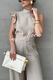 Fashionable One-shoulder Ruffled Top and Casual Simple Straight-leg Suit Pants Set