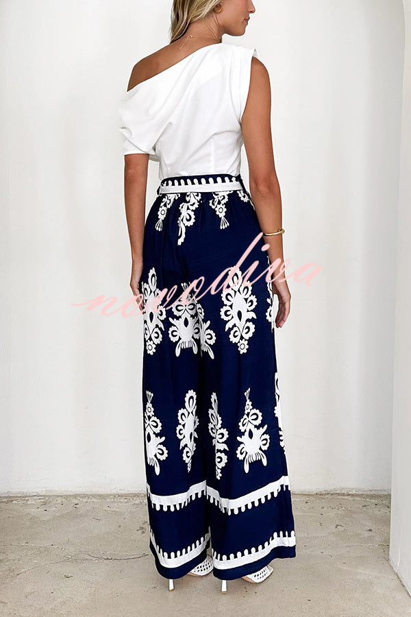 Unique Ethnic Print Belted Casual Pocket Wide Leg Pants