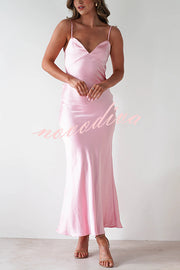 Satin Elegant Sling Backless Lace-Up Midi Dress
