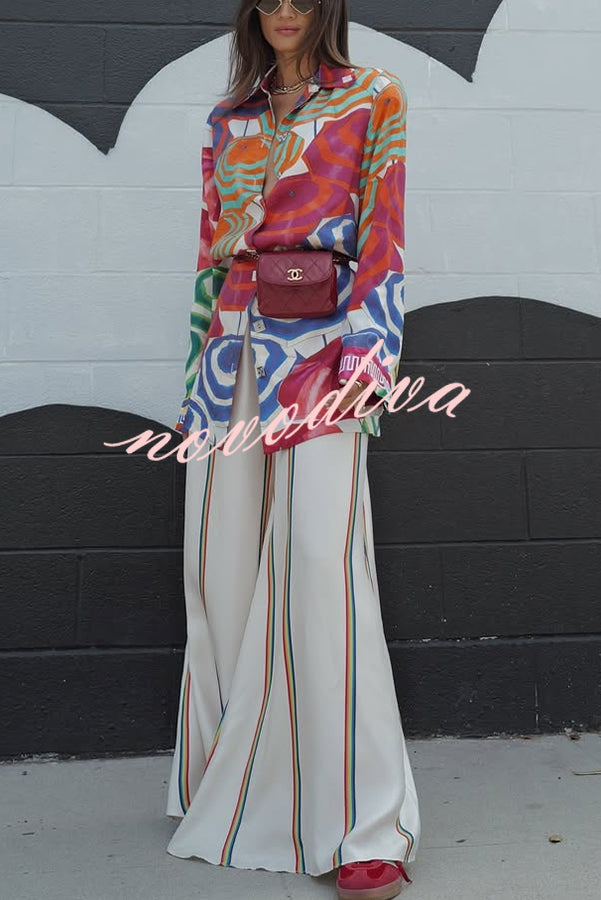 Ellah Satin Rainbow Stripe Print Drawstring Elastic Waist Pocket Wide Leg Pants