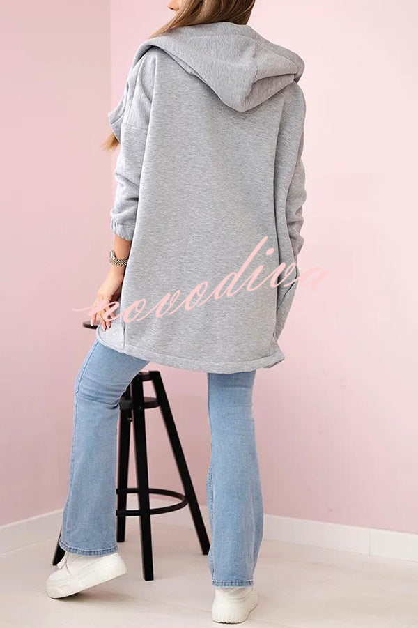 Solid Color Loose Hooded Zip-up Casual Sports Jacket