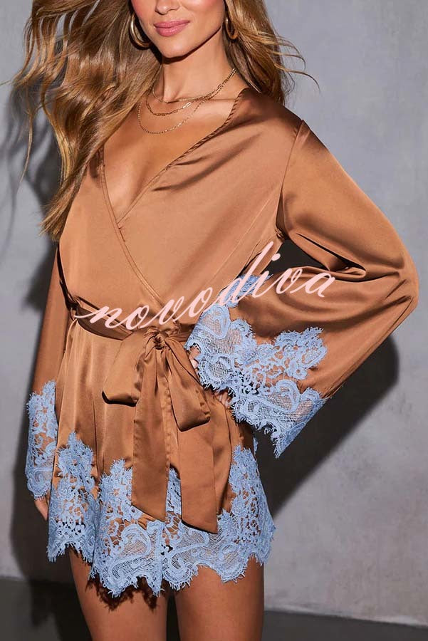 Joyful Bond Satin Lace Trim Contrast Color Bell Sleeve Tie-up Kimono Mini Dress