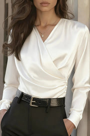 Solid Color V-neck Long-sleeved Asymmetrical Casual Shirt