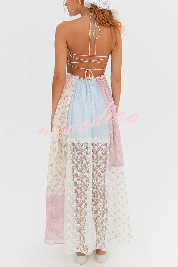 Floral Lace Sexy Halterneck Backless Patchwork Maxi Dress