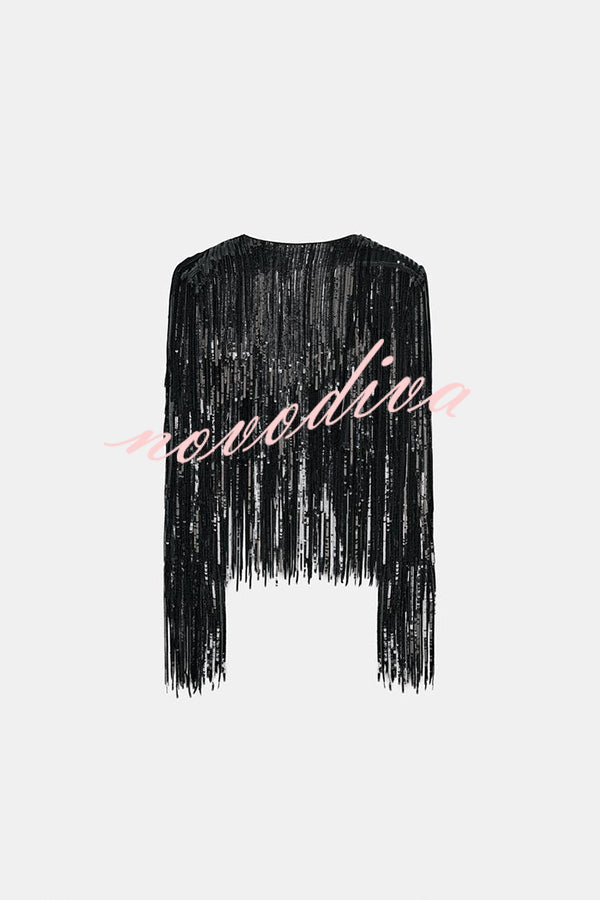 Party Crasher Layered Sequined Tassels Long Sleeve Loose Jacket