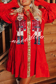 Nutcracker Sequined Button Down Long Sleeve Mini Dress