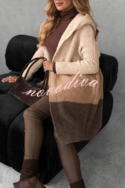 Fashionable Knit Patchwork Color Long-sleeved Hooded Loose Mid-length Cardigan
