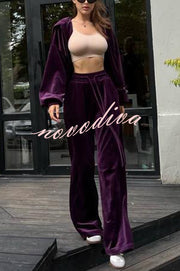 Velvet Casual Zip-up Hooded Top and Elastic Waist Wide Leg Pants Set