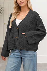Solid Color Loose V-neck Long-sleeved Casual Pocket Knitted Cardigan