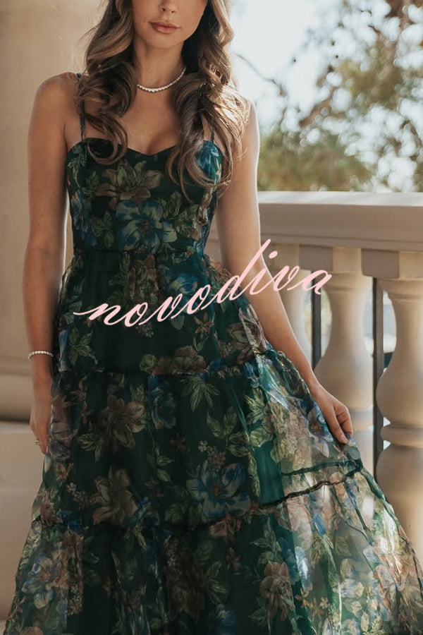 Exclusive Glamour Organza Floral Print Tiered Slip Maxi Dress