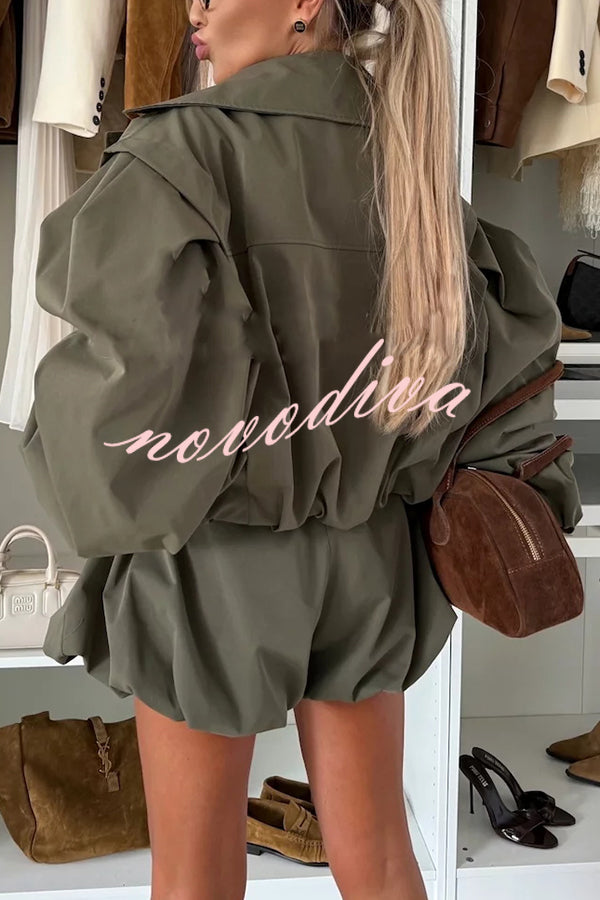 Fashion Style Button Long Balloon Sleeve Pocket Lapel Casual Bomber Jacket