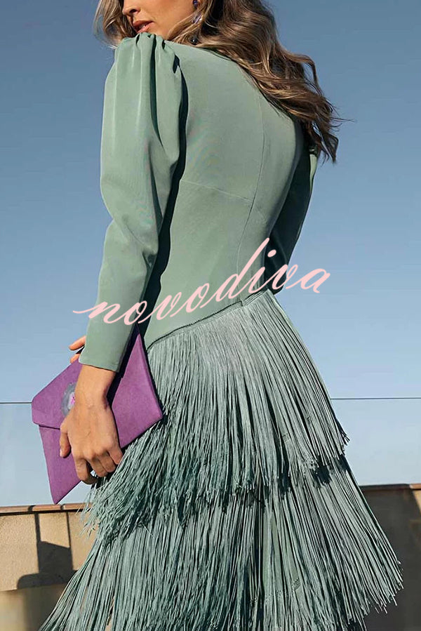 Solid Color V-Neck Long Sleeve Elegant Tassel Maxi Dress