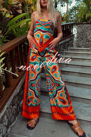 Ethnic Style Unique Print Tube Top and Elastic Waist Casual Pocket Wide Leg Pants Set