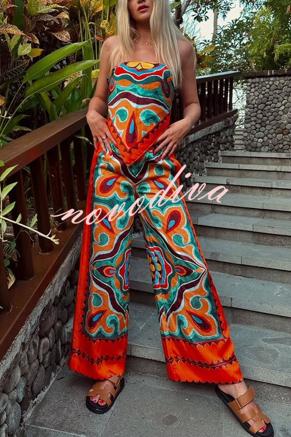 Ethnic Style Unique Print Tube Top and Elastic Waist Casual Pocket Wide Leg Pants Set