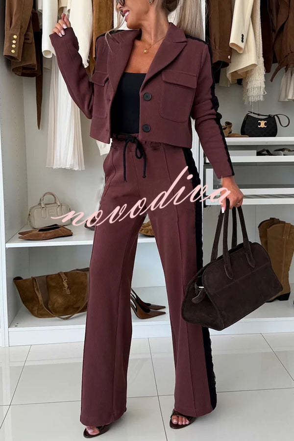 Fashion Lace Panel Long-sleeved Crop Top and Elastic Waist Tie Pocket Casual Pants Set