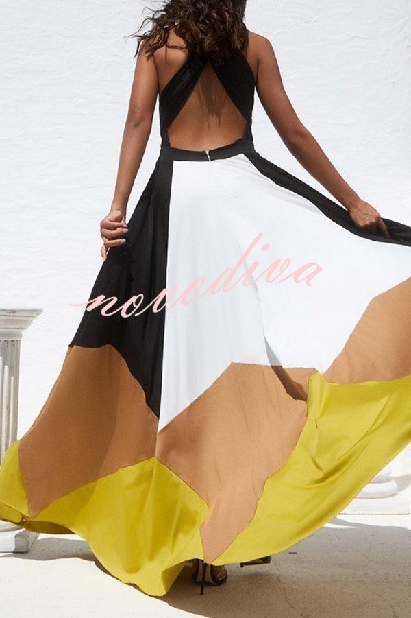 Fashion Colorblock Sexy Backless Tie Waist Full Hem Maxi Dress