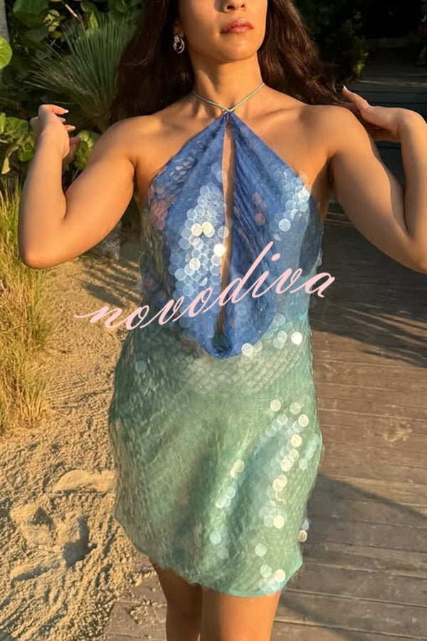 Fashion Sexy Sequined Backless Halter Neck Slim Fit Mini Dress