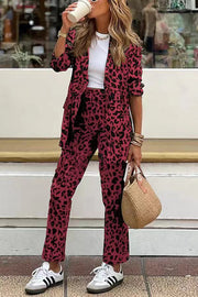 Wild Personality Leopard Pocket Relaxed Lapel Blazer and Elastic Waist Pants Set