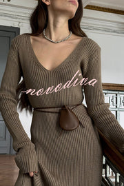 Solid Color V-neck Long-sleeved Slim-fit Elegant Knit Maxi Dress