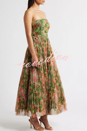 Romantic Factor Pleated Mesh Watercolor Print Bow Detail Strapless Maxi Dress
