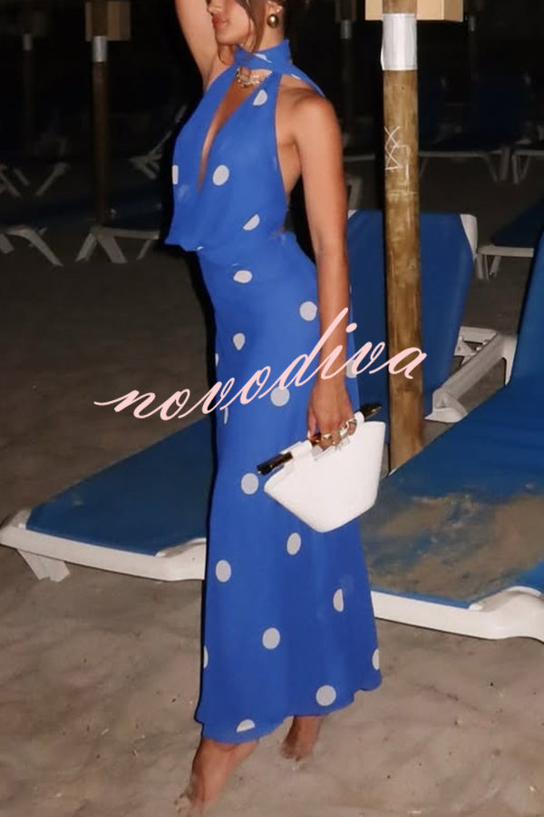 Fashion Polka Dot Print Sexy Halter Neck Backless Maxi Dress