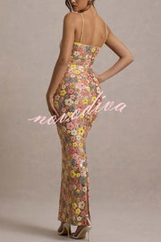 80's Inspired Floral Print Sequin Square Neck Slip Stretch Maxi Dress