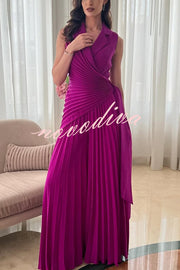 Solid Color Lapel Sleeveless Waist Tie Pleated Wide-leg Jumpsuit