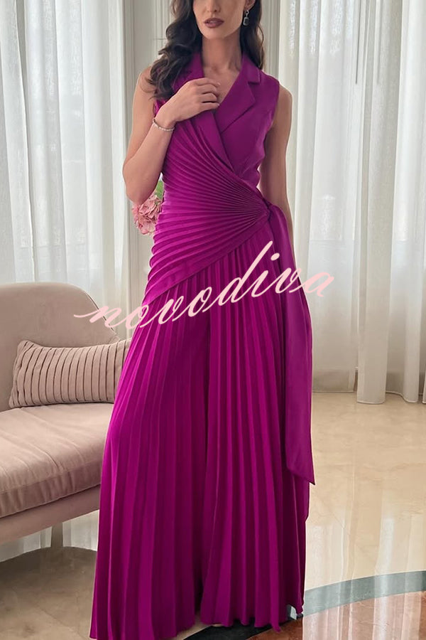 Solid Color Lapel Sleeveless Waist Tie Pleated Wide-leg Jumpsuit