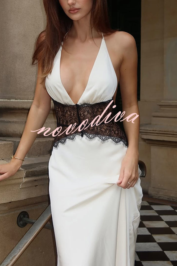 Seductive Details Satin Lace Waist Halter Tie-up Backless Maxi Dress