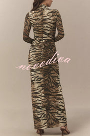 Winston Animal Print High-neck Long Sleeve Ruched Hip Stretch Maxi Dress